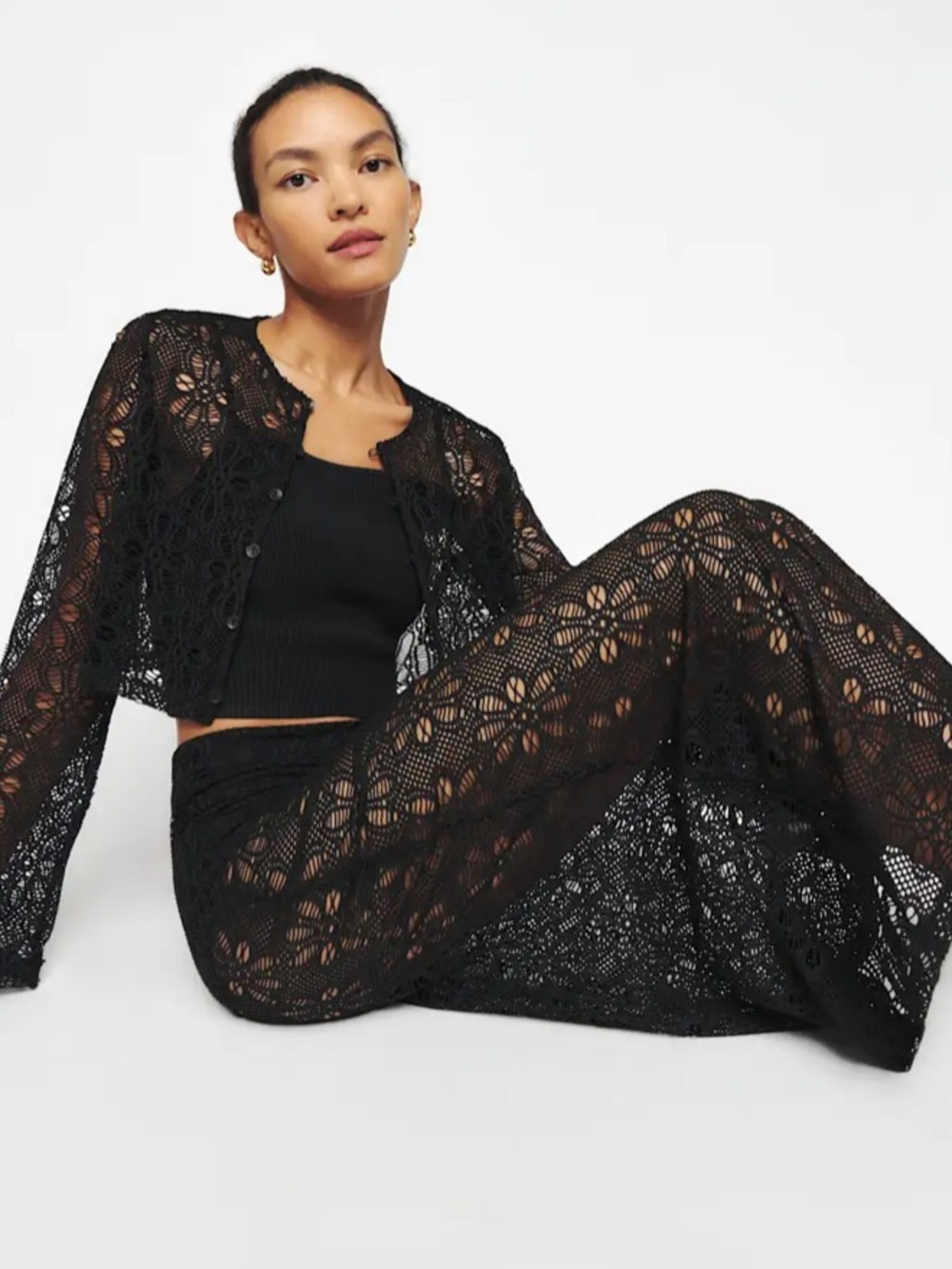REFORMATION Black Crochet Lace Midi Skirt, size M